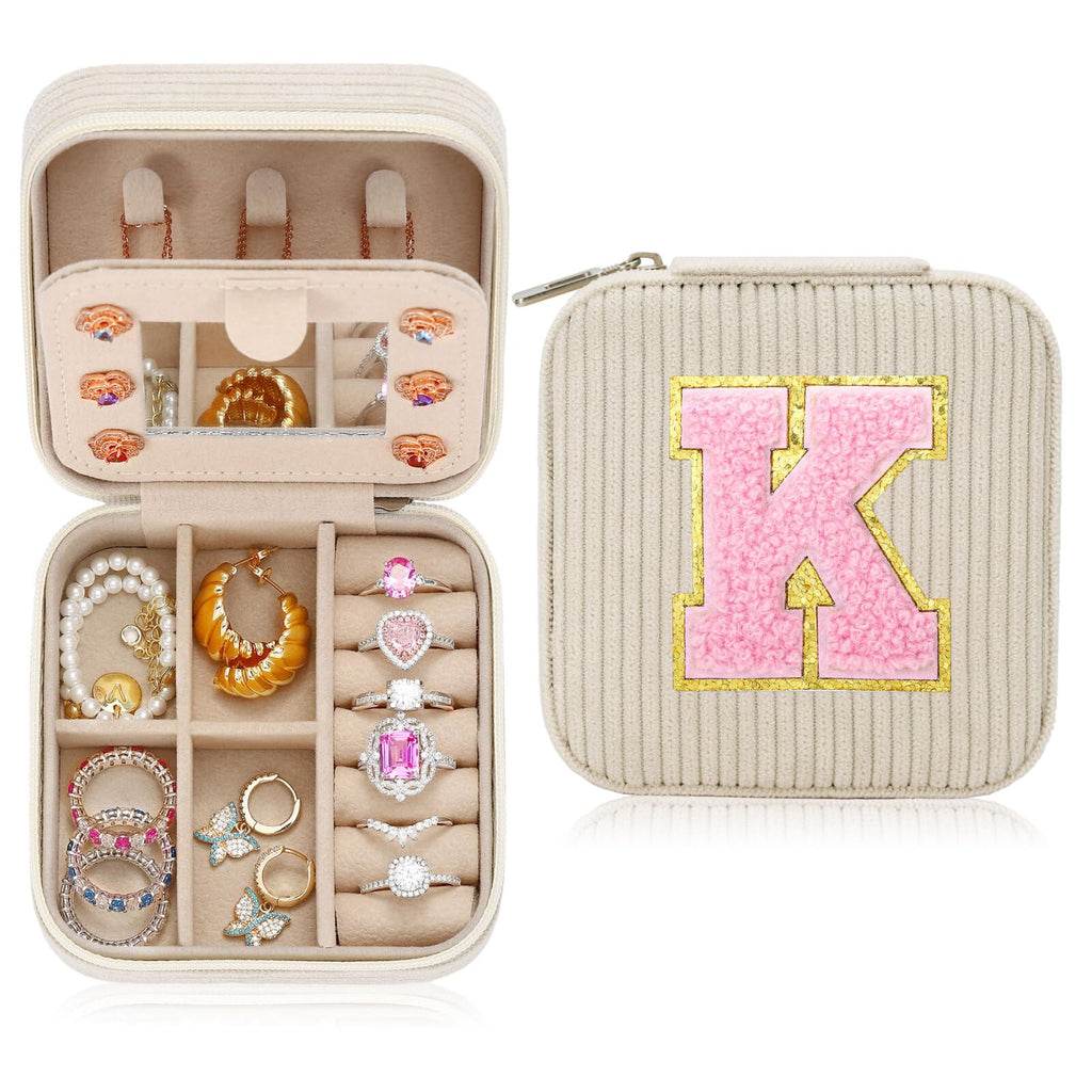 Parima Gifts for Women Girls - Travel Jewelry Case | Birthday Gifts for Women Travel Jewelry Box | Travel Gifts for Women | Travel Essentials Travel Jewelry Case| Gifts for Women - Letter K Beige