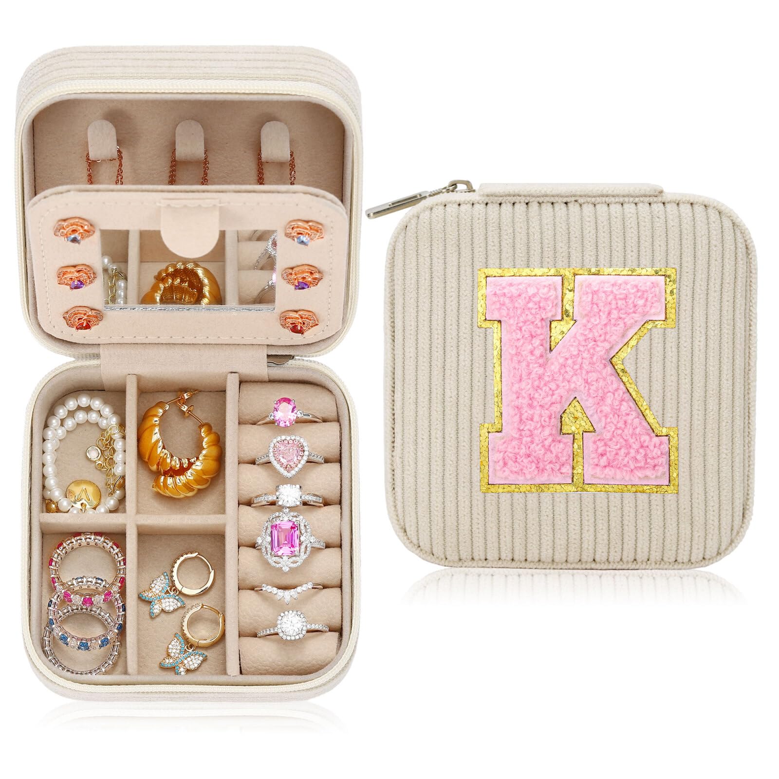 Parima Gifts for Women Girls - Travel Jewelry Case | Birthday Gifts for Women Travel Jewelry Box | Travel Gifts for Women | Travel Essentials Travel Jewelry Case| Gifts for Women - Letter K Beige